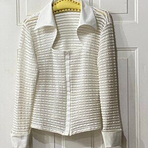 Rayure Paris France Sz 46 White Bodycon Blouse Snap Long Sleeve Textured Stripe